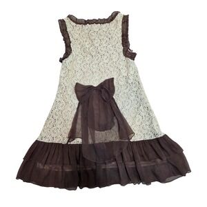Cream Lace Chocolate Brown Ruffle Mini Dress Back Bow Sleeveless Tunic Top